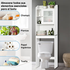 Armario Arriba del Inodoro con Puerta en Vidrio Templado Salva Espacio con Niveles Regulables Blanco 59 x 19 x 173 cm