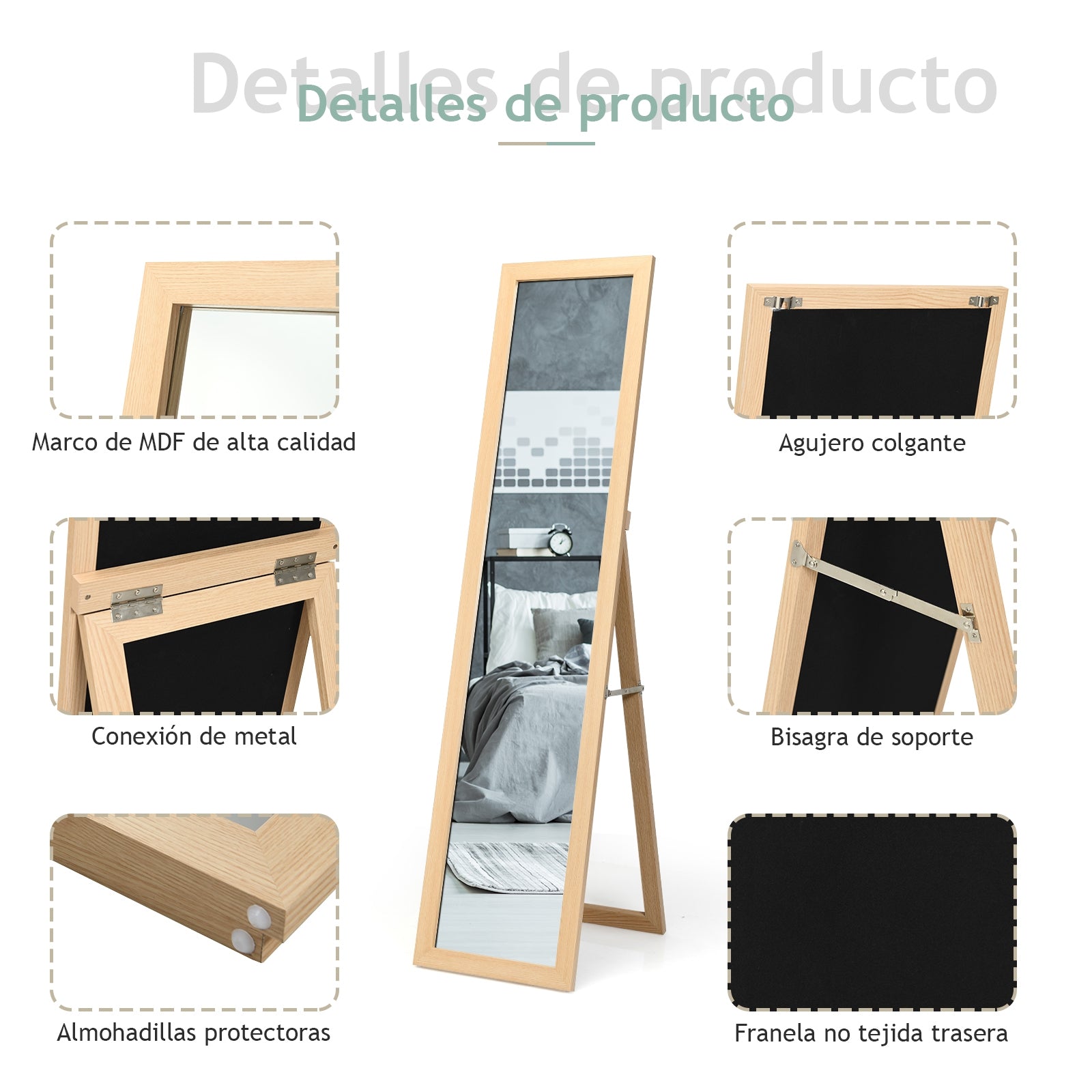 Espejo de Cuerpo Entero Montado a la Pared con Estructura de Madera para Dormitorio Salón Entrada Natural 37 x 50 x 155 cm