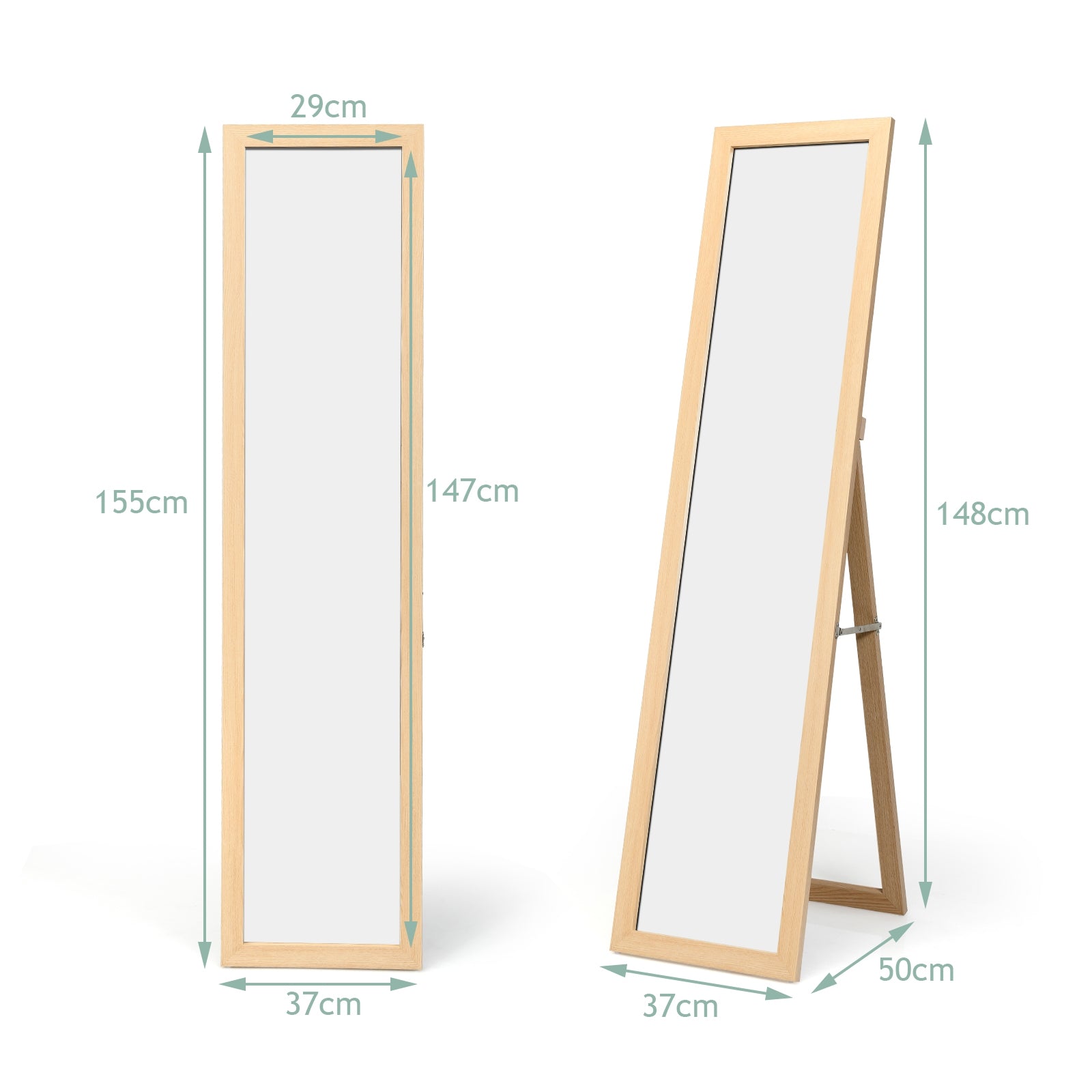 Espejo de Cuerpo Entero Montado a la Pared con Estructura de Madera para Dormitorio Salón Entrada Natural 37 x 50 x 155 cm