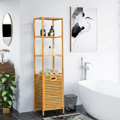 Estante con Cesta de Ropa Sucia Retráctil de Bambú para Baño Organizador Torre 3 Repisas para Lavandería Salón Natural 40 x 33 x 160 cm