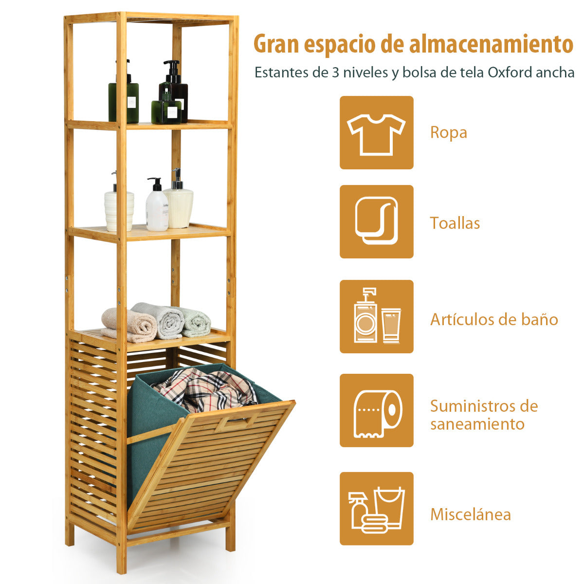 Estante con Cesta de Ropa Sucia Retráctil de Bambú para Baño Organizador Torre 3 Repisas para Lavandería Salón Natural 40 x 33 x 160 cm