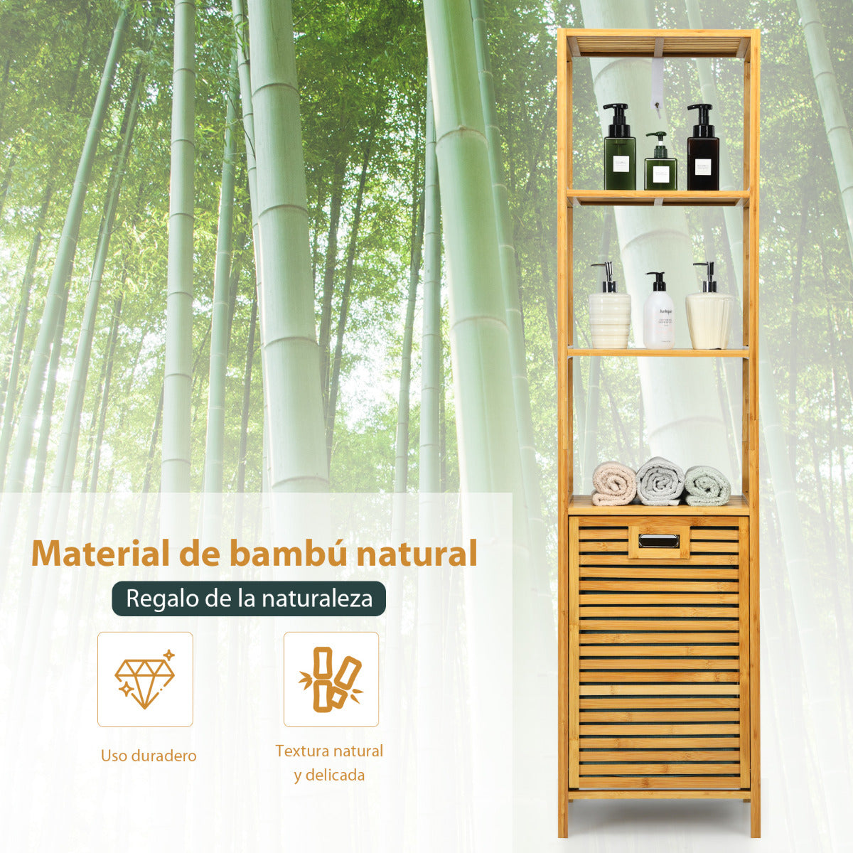 Estante con Cesta de Ropa Sucia Retráctil de Bambú para Baño Organizador Torre 3 Repisas para Lavandería Salón Natural 40 x 33 x 160 cm