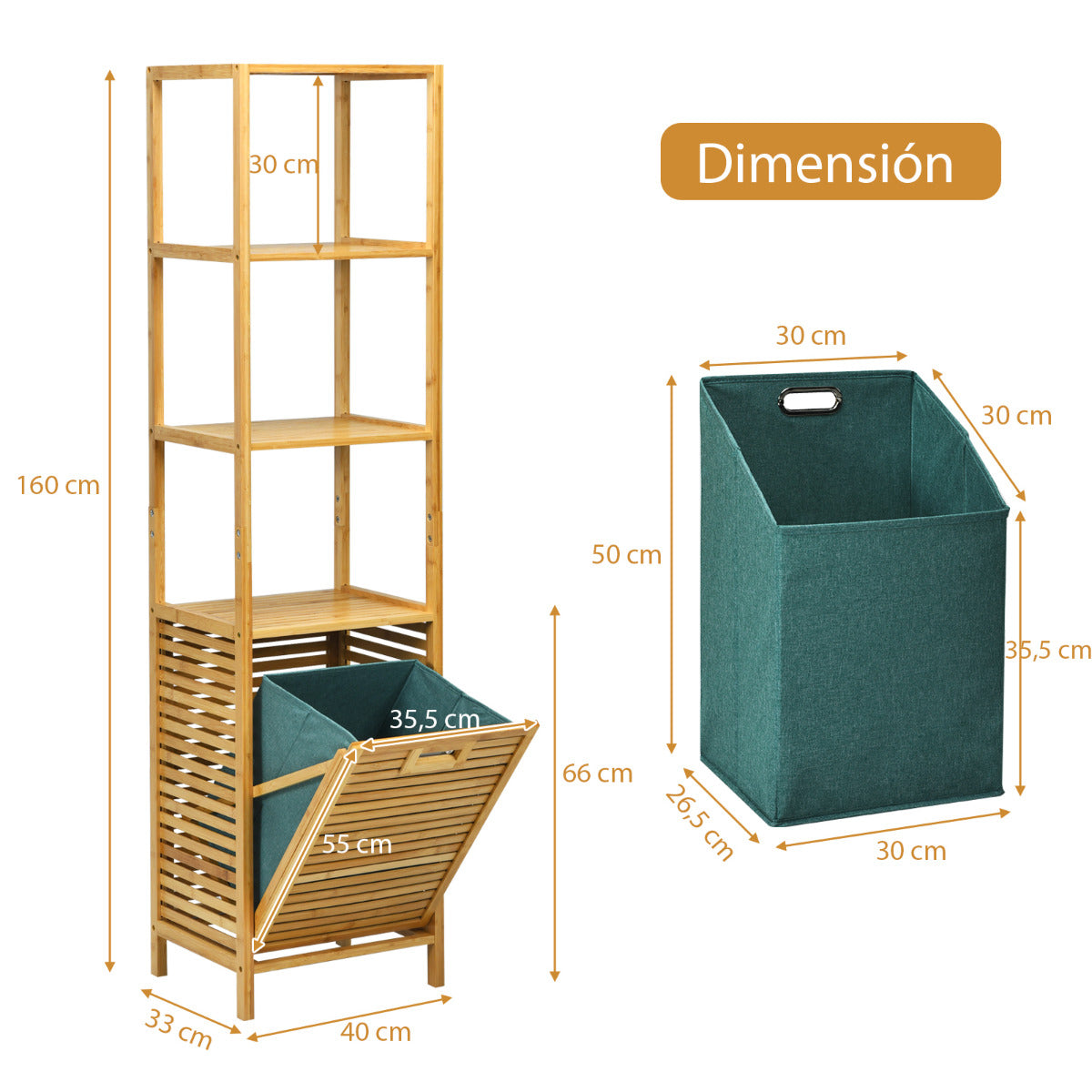 Estante con Cesta de Ropa Sucia Retráctil de Bambú para Baño Organizador Torre 3 Repisas para Lavandería Salón Natural 40 x 33 x 160 cm