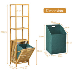 Estante con Cesta de Ropa Sucia Retráctil de Bambú para Baño Organizador Torre 3 Repisas para Lavandería Salón Natural 40 x 33 x 160 cm