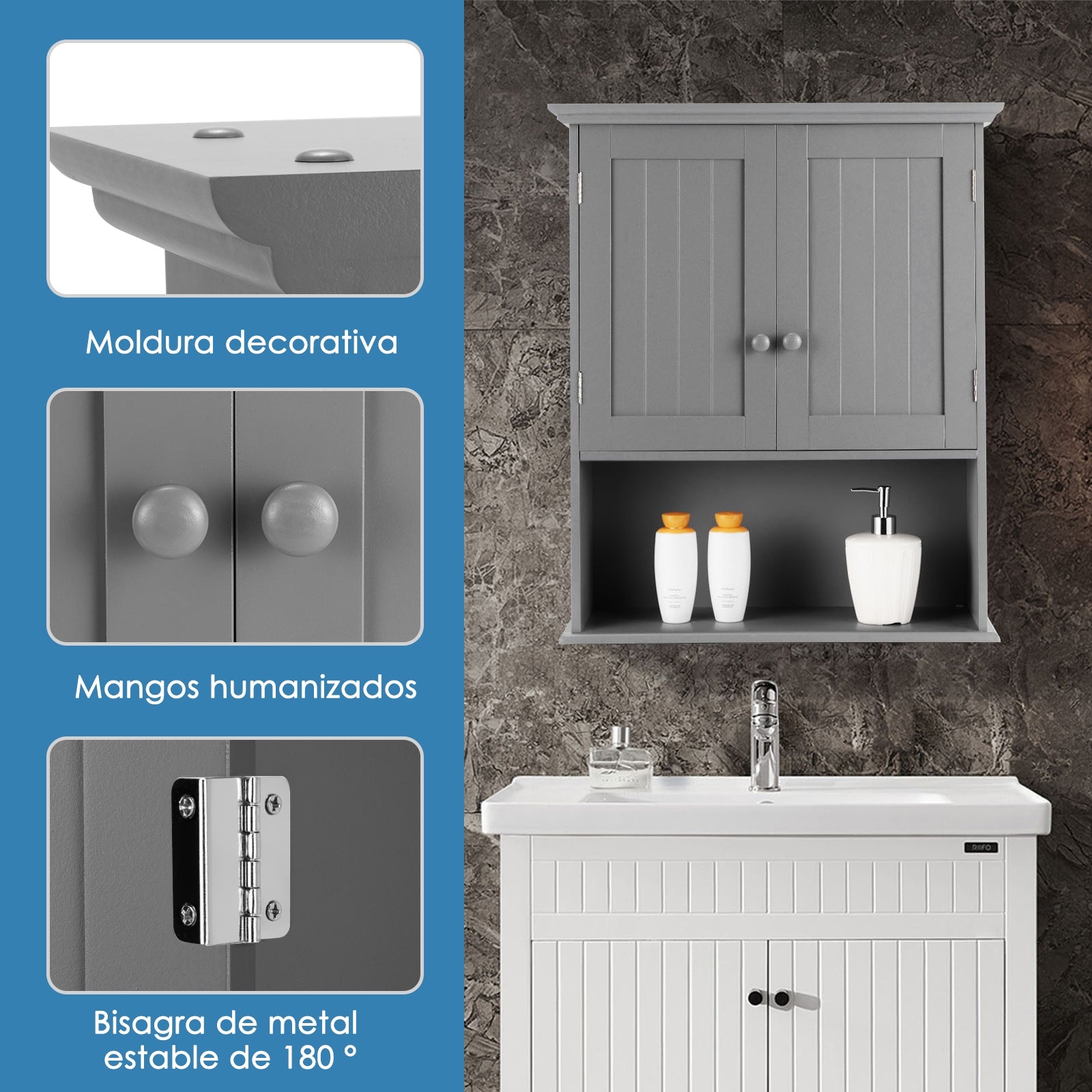 Armario del Baño con Repisa Interna Regulable en Altura Montado a la Pared Organizador para Salón Cocina Gris 60 x 20 x 70,5 cm