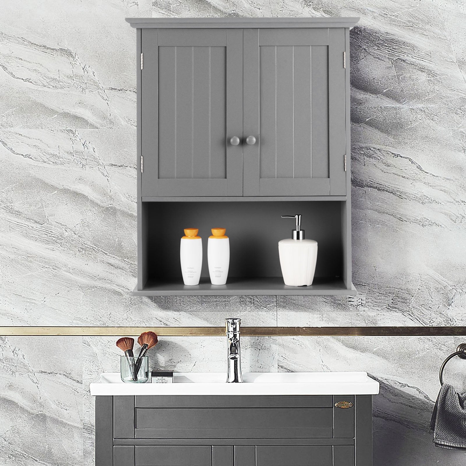 Armario del Baño con Repisa Interna Regulable en Altura Montado a la Pared Organizador para Salón Cocina Gris 60 x 20 x 70,5 cm