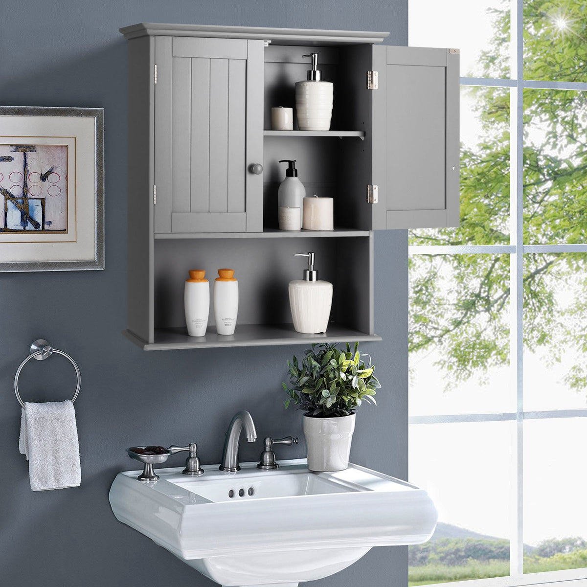 Armario del Baño con Repisa Interna Regulable en Altura Montado a la Pared Organizador para Salón Cocina Gris 60 x 20 x 70,5 cm