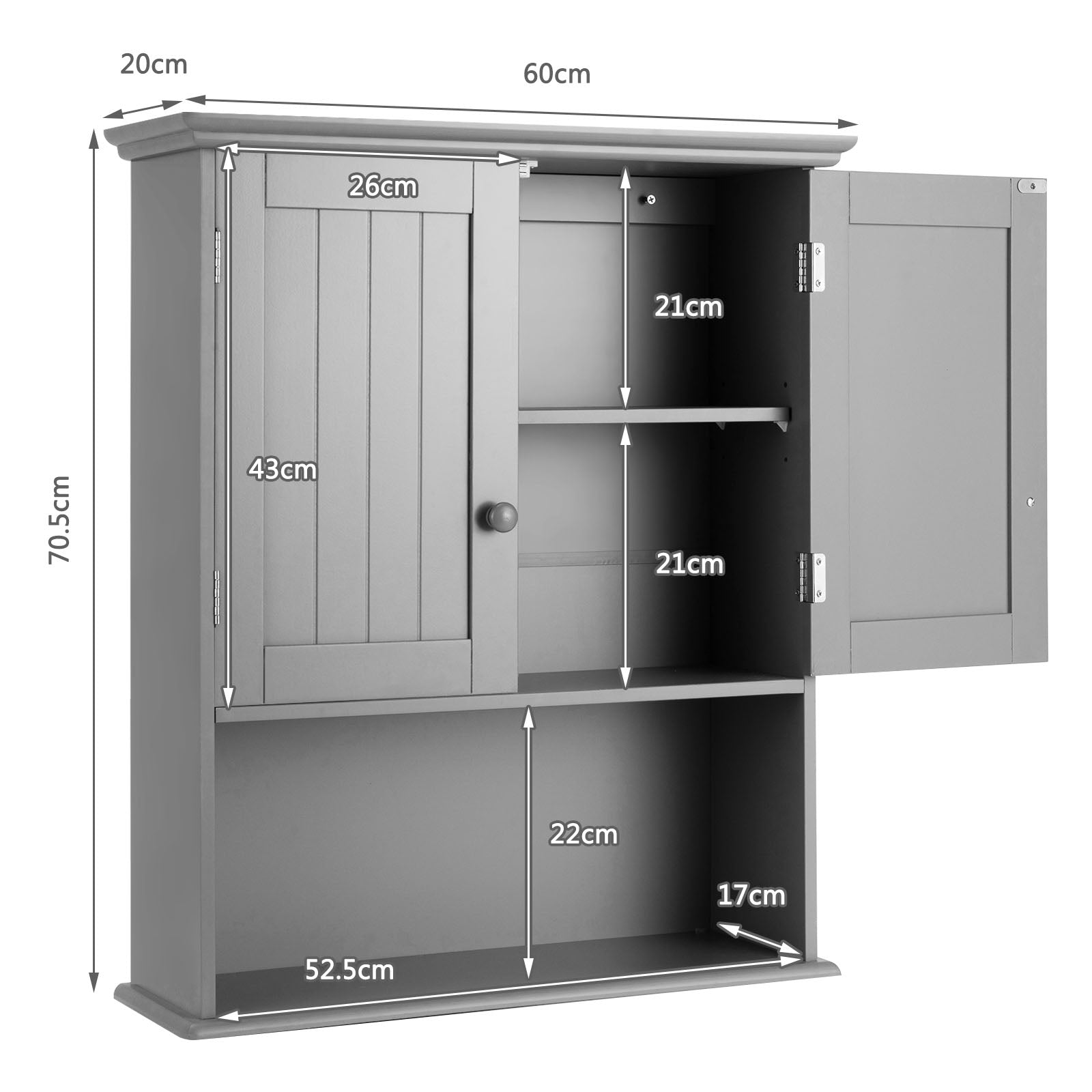 Armario del Baño con Repisa Interna Regulable en Altura Montado a la Pared Organizador para Salón Cocina Gris 60 x 20 x 70,5 cm