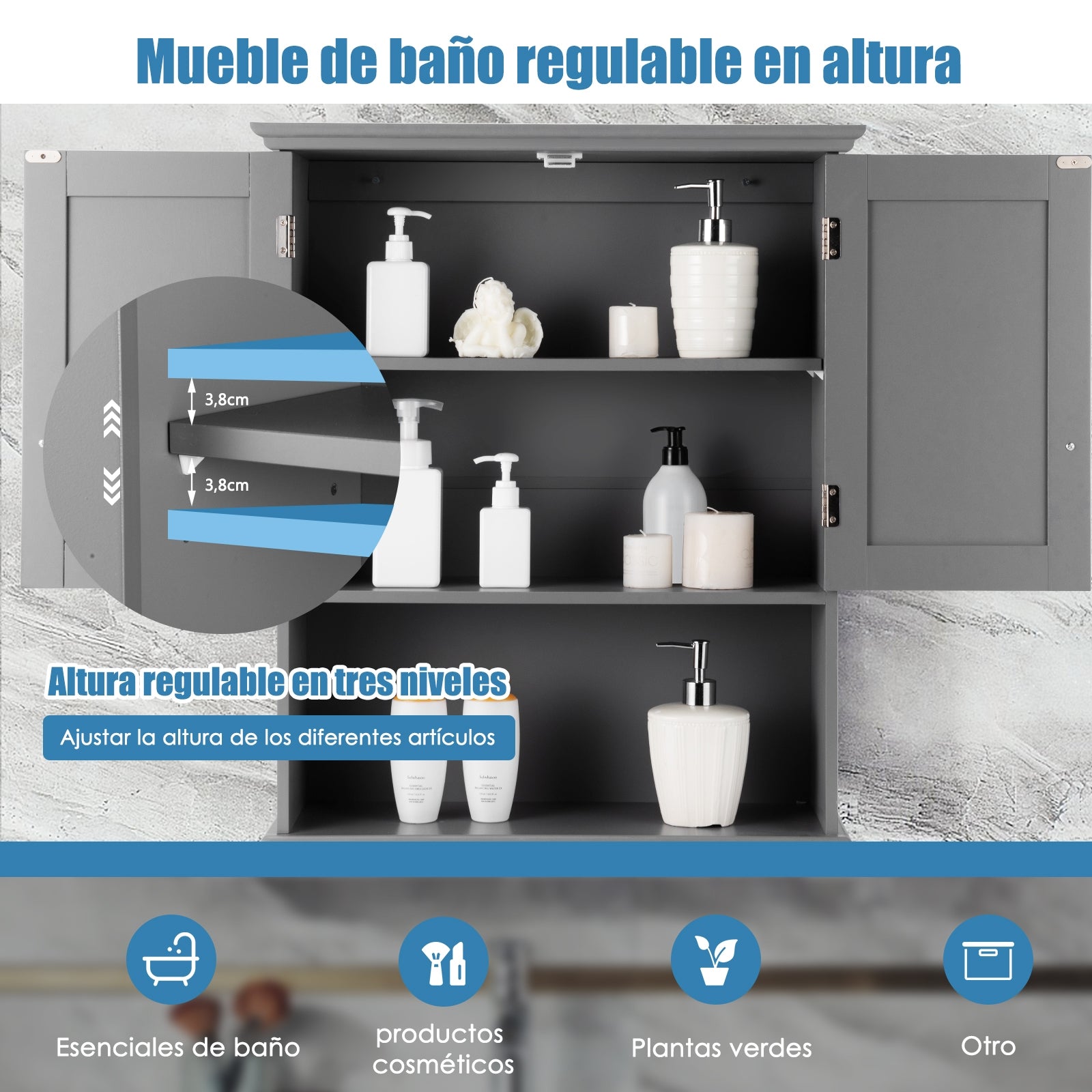 Armario del Baño con Repisa Interna Regulable en Altura Montado a la Pared Organizador para Salón Cocina Gris 60 x 20 x 70,5 cm