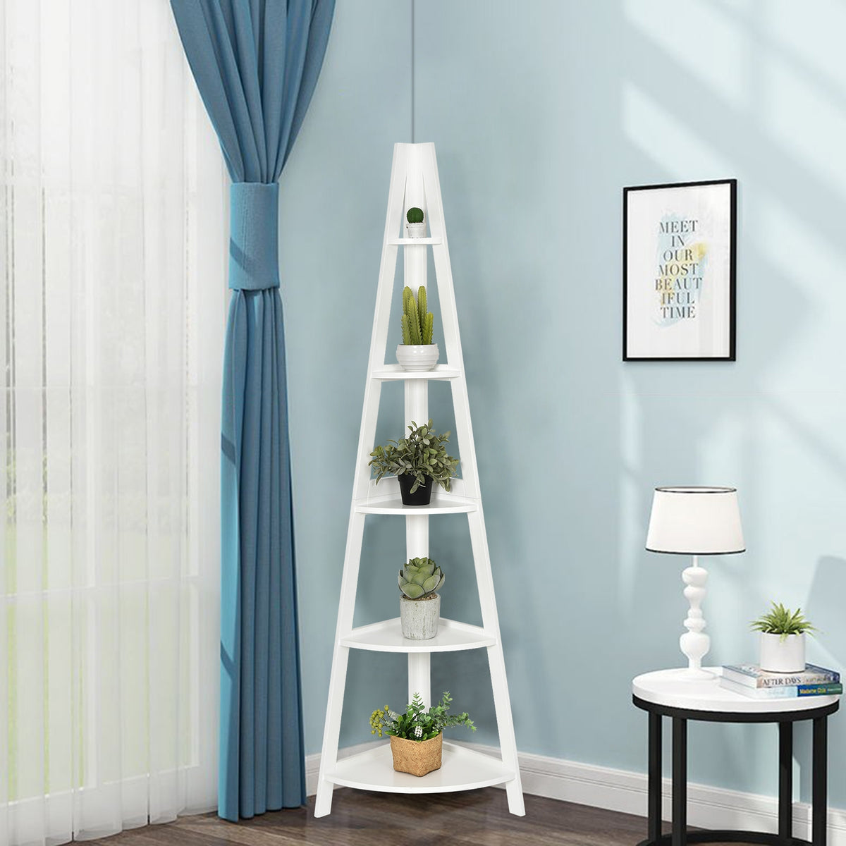 Estante Angular con Forma de Escalera con 5 Niveles para Ornamentos Libros Plantas Blanco 39 x 39 x 175 cm