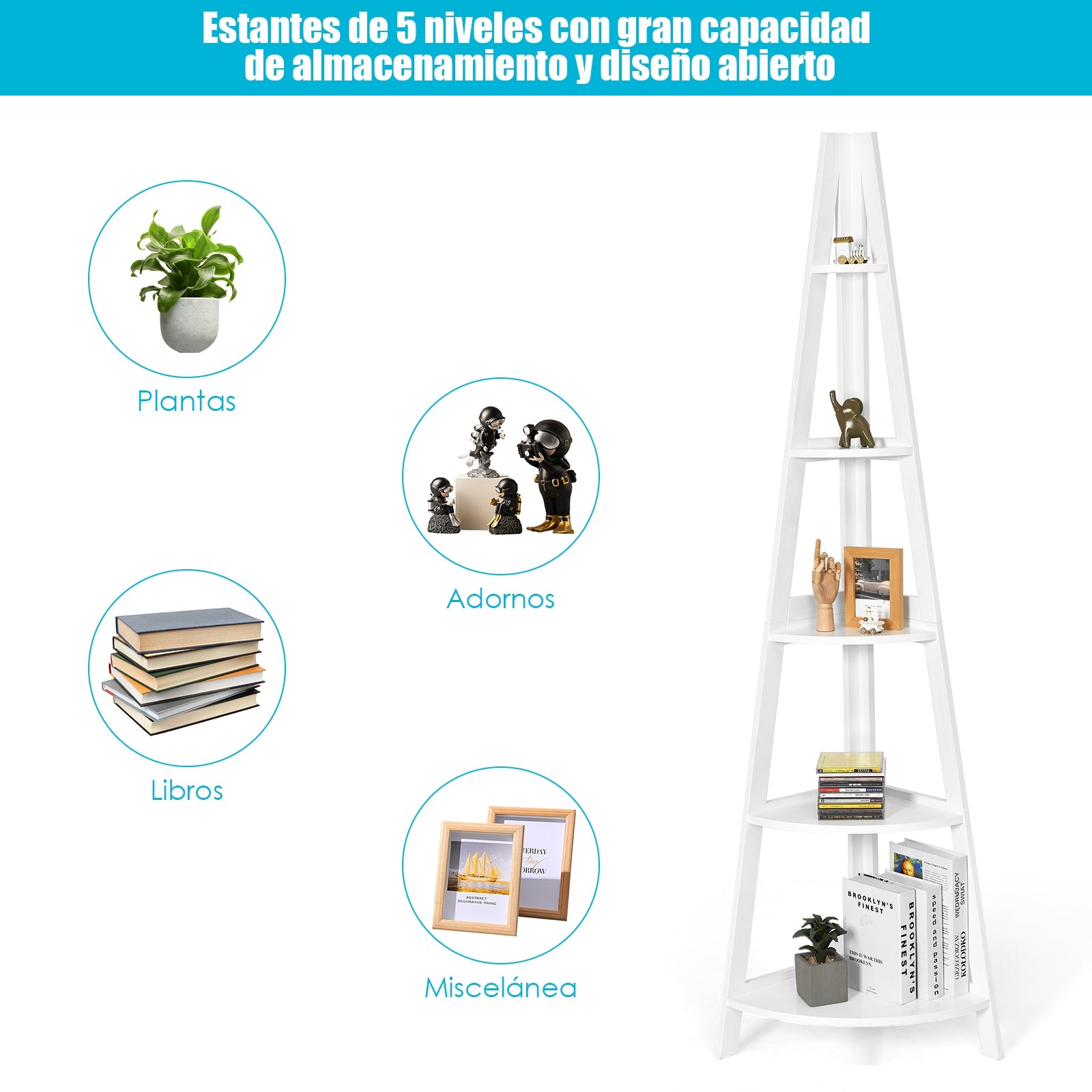 Estante Angular con Forma de Escalera con 5 Niveles para Ornamentos Libros Plantas Blanco 39 x 39 x 175 cm