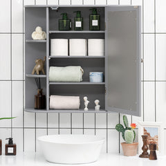 Armario del Baño con Espejo Montado a la Pared de Madera Gabinete Almacenamiento para Cuarto Salón Cocina Gris 65 x 17 x 64 cm