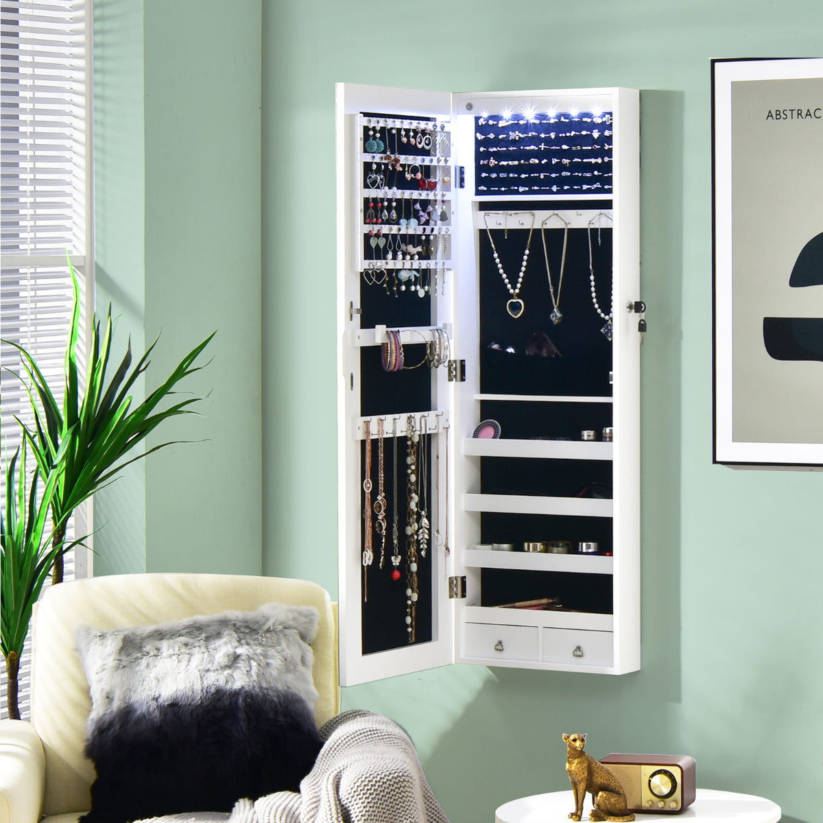 Armario para Joyas con Espejo de Cuerpo Entero Armario Montado a la Pared Puerta con Luces Led y Cajones Organizador Joyero Blanco