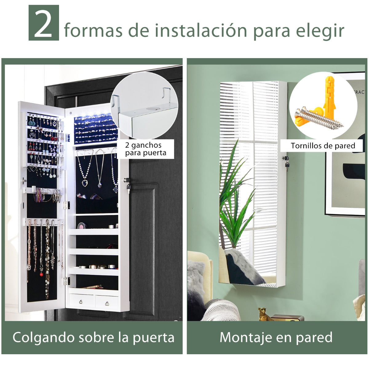 Armario para Joyas con Espejo de Cuerpo Entero Armario Montado a la Pared Puerta con Luces Led y Cajones Organizador Joyero Blanco