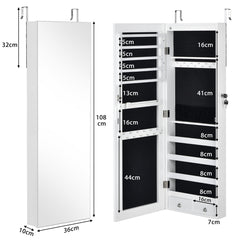 Armario para Joyas con Espejo de Cuerpo Entero Armario Montado a la Pared Puerta con Luces Led y Cajones Organizador Joyero Blanco