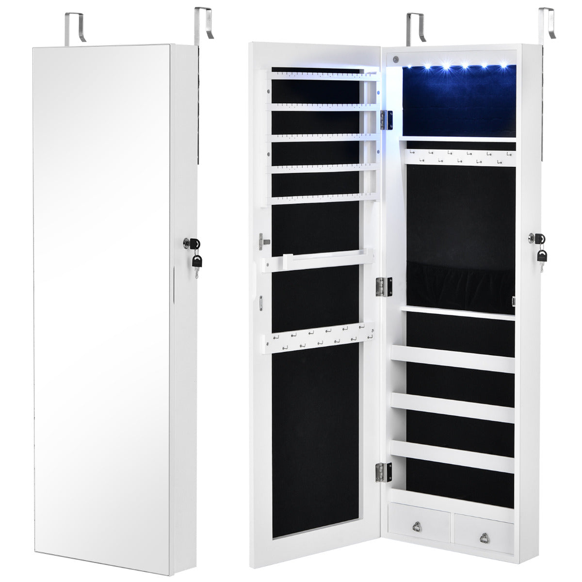 Armario para Joyas con Espejo de Cuerpo Entero Armario Montado a la Pared Puerta con Luces Led y Cajones Organizador Joyero Blanco