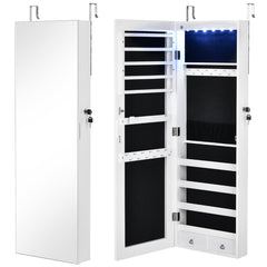 Armario para Joyas con Espejo de Cuerpo Entero Armario Montado a la Pared Puerta con Luces Led y Cajones Organizador Joyero Blanco