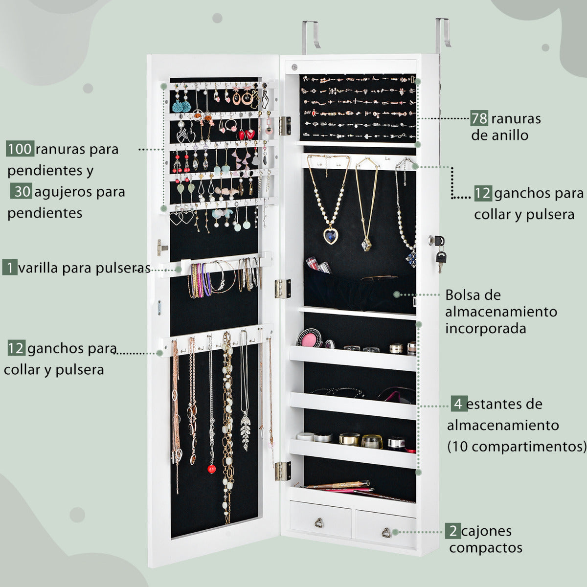 Armario para Joyas con Espejo de Cuerpo Entero Armario Montado a la Pared Puerta con Luces Led y Cajones Organizador Joyero Blanco