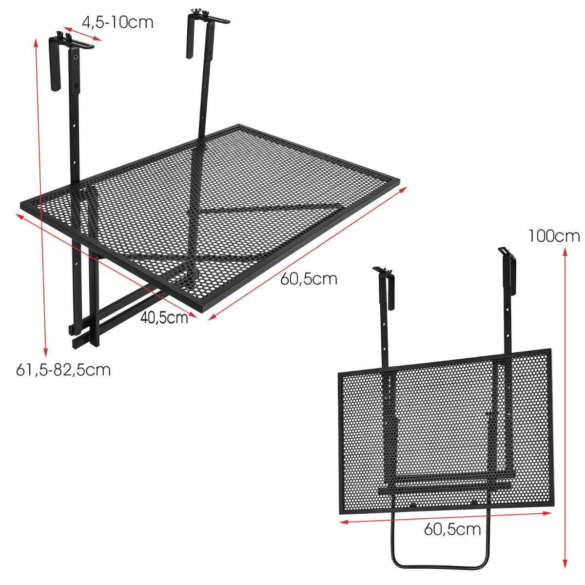 Repisa de Hierro para Colgar Mesa Plegable para Barandilla con 5 Niveles Regulables en Altura Negro 60,5 x 40,5 x 61,5-82,5 cm