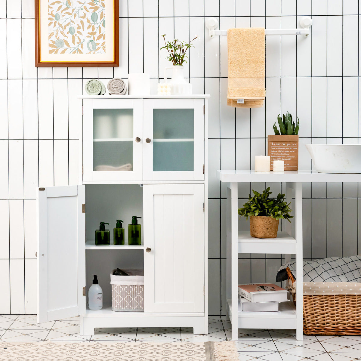 Armario del Baño Organizador Multiuso Antivuelco con 4 Puertas de Vidrio Repisas Regulables para Salón Cocina Pasillo Blanco 58 x 30 x 109 cm