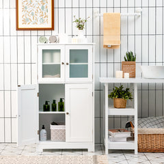 Armario del Baño Organizador Multiuso Antivuelco con 4 Puertas de Vidrio Repisas Regulables para Salón Cocina Pasillo Blanco 58 x 30 x 109 cm