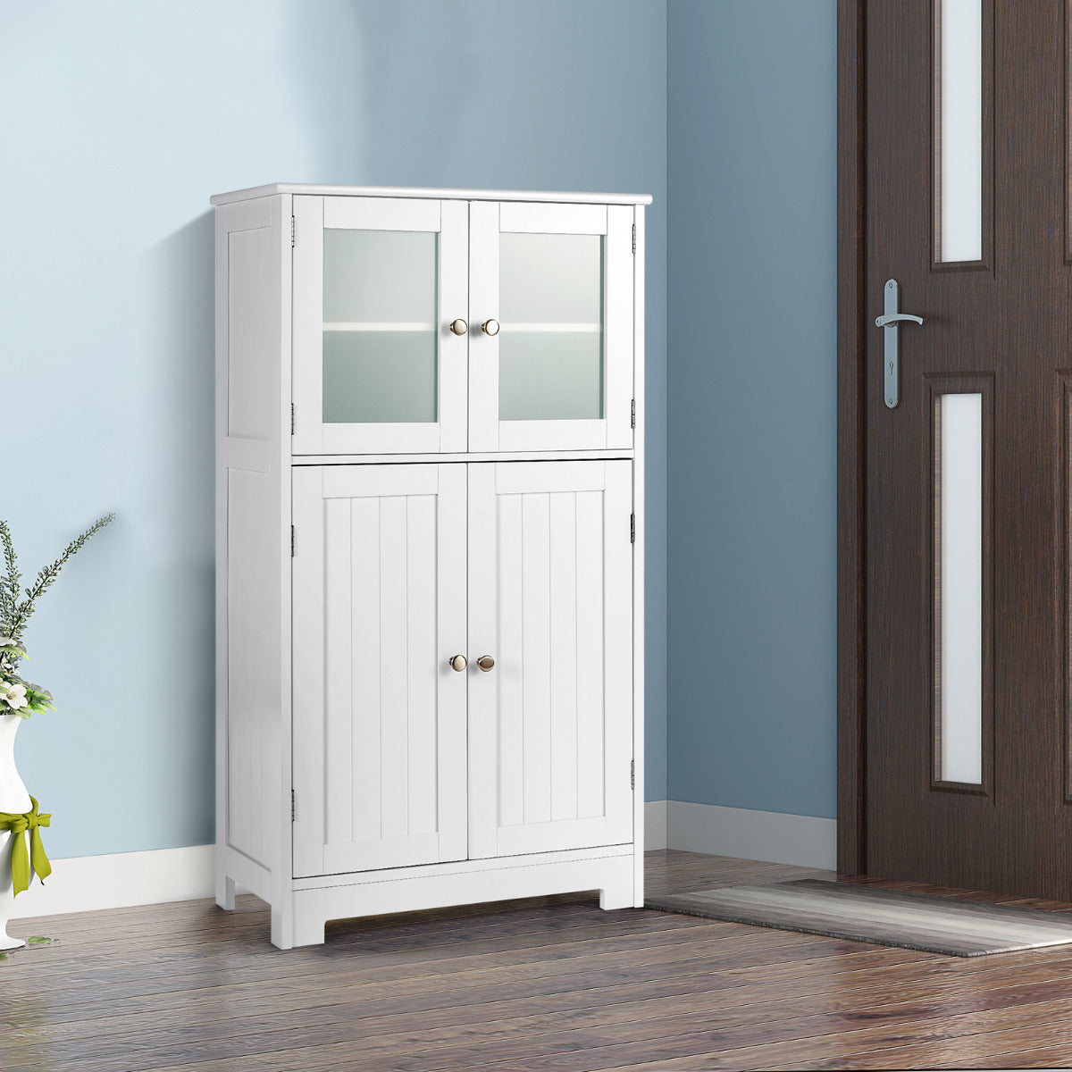 Armario del Baño Organizador Multiuso Antivuelco con 4 Puertas de Vidrio Repisas Regulables para Salón Cocina Pasillo Blanco 58 x 30 x 109 cm