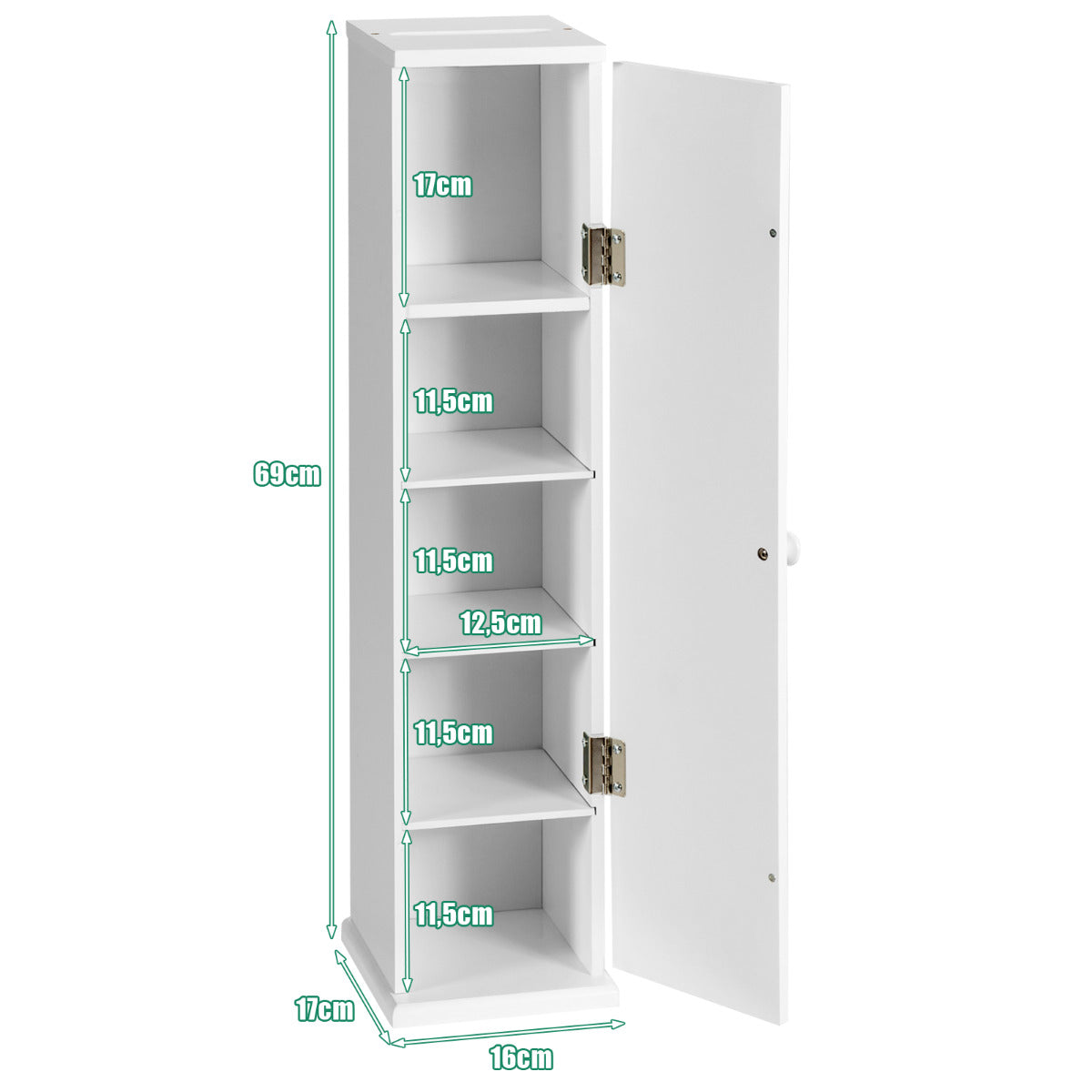 Armario Vertical de Almacenaje Porta Papel Higiénico y Pañuelos 4 Niveles Repisas para Dormitorio Salón Baño Blanco 17 x 16 x 69 cm