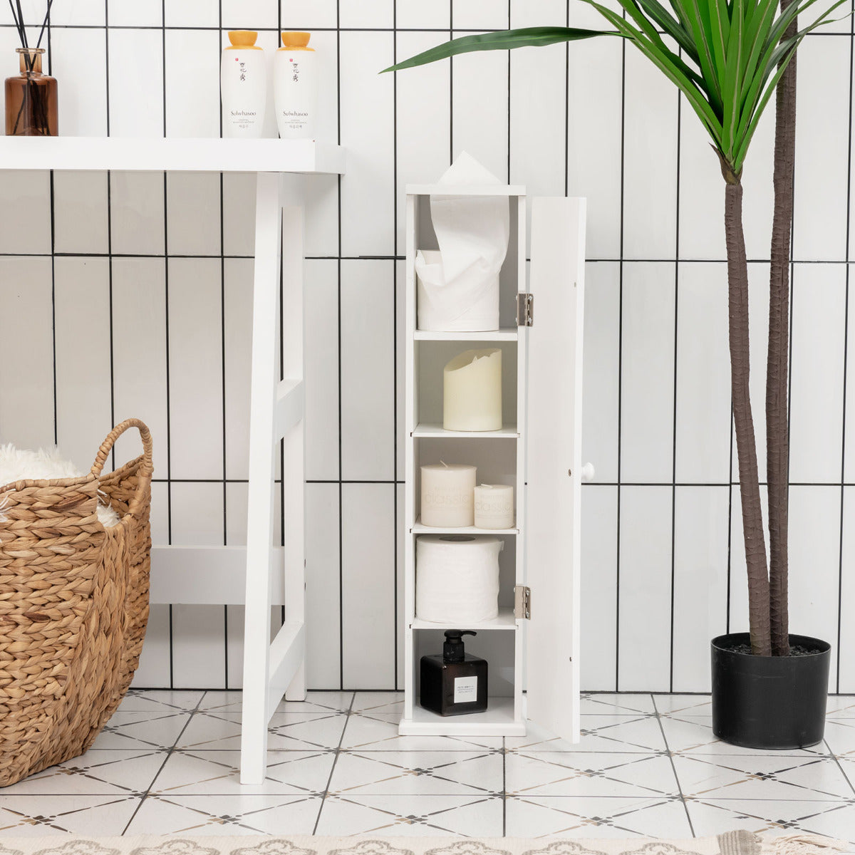 Armario Vertical de Almacenaje Porta Papel Higiénico y Pañuelos 4 Niveles Repisas para Dormitorio Salón Baño Blanco 17 x 16 x 69 cm