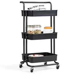 Carrito Auxiliar de Almacenamiento con 4 Ruedas Universales Carga 60kg Carro de Cocina 3 Cestas de ABS Antioxidante 42 x 35 x 87 cm Negro