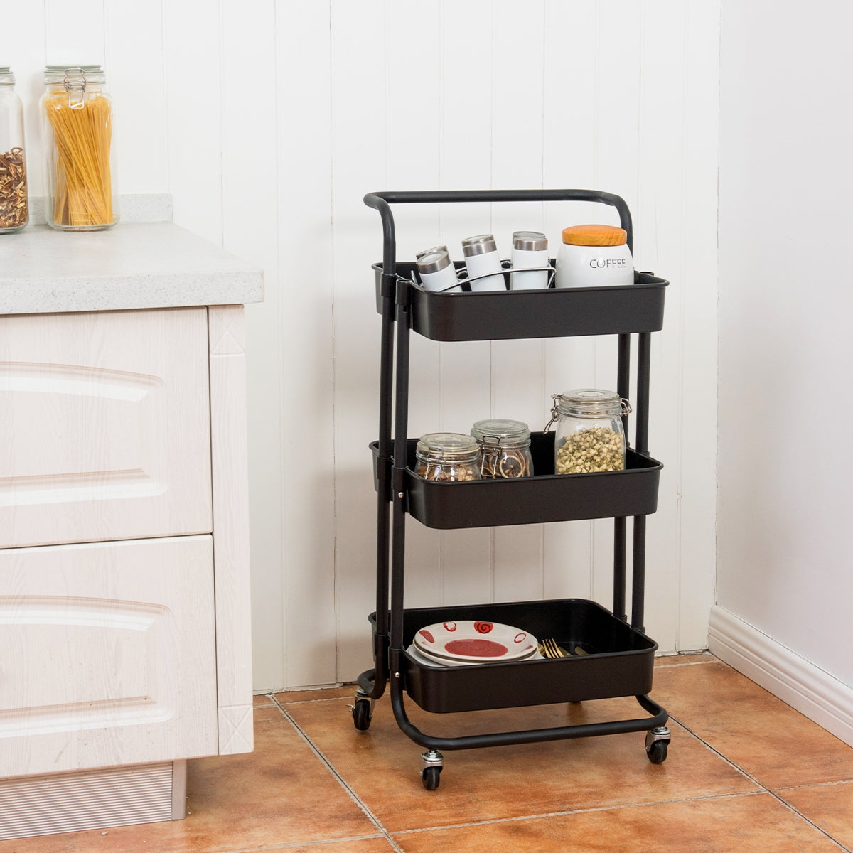 Carrito Auxiliar de Almacenamiento con 4 Ruedas Universales Carga 60kg Carro de Cocina 3 Cestas de ABS Antioxidante 42 x 35 x 87 cm Negro