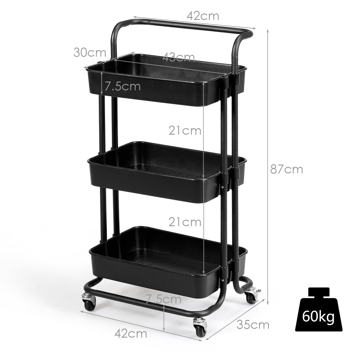Carrito Auxiliar de Almacenamiento con 4 Ruedas Universales Carga 60kg Carro de Cocina 3 Cestas de ABS Antioxidante 42 x 35 x 87 cm Negro
