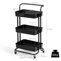 Carrito Auxiliar de Almacenamiento con 4 Ruedas Universales Carga 60kg Carro de Cocina 3 Cestas de ABS Antioxidante 42 x 35 x 87 cm Negro
