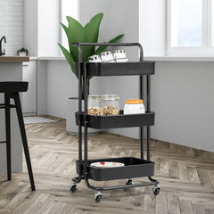 Carrito Auxiliar de Almacenamiento con 4 Ruedas Universales Carga 60kg Carro de Cocina 3 Cestas de ABS Antioxidante 42 x 35 x 87 cm Negro