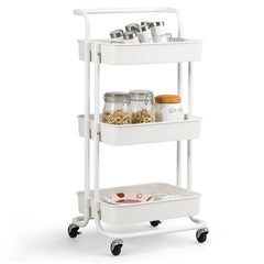 Carrito Auxiliar de Almacenamiento con 4 Ruedas Universales Carga 60kg Carro de Cocina 3 Cestas de ABS Antioxidante 42 x 35 x 87 cm Blanco