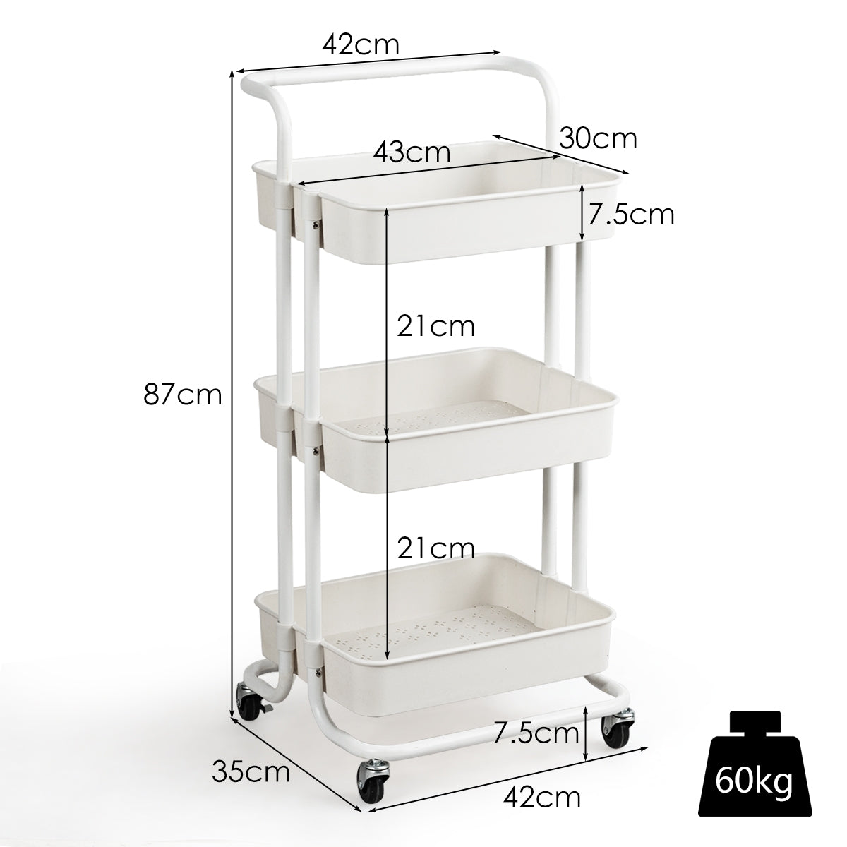 Carrito Auxiliar de Almacenamiento con 4 Ruedas Universales Carga 60kg Carro de Cocina 3 Cestas de ABS Antioxidante 42 x 35 x 87 cm Blanco