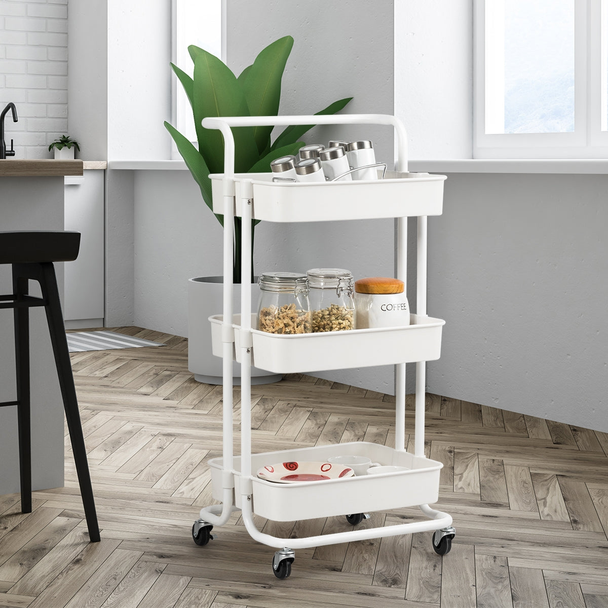 Carrito Auxiliar de Almacenamiento con 4 Ruedas Universales Carga 60kg Carro de Cocina 3 Cestas de ABS Antioxidante 42 x 35 x 87 cm Blanco