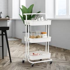 Carrito Auxiliar de Almacenamiento con 4 Ruedas Universales Carga 60kg Carro de Cocina 3 Cestas de ABS Antioxidante 42 x 35 x 87 cm Blanco