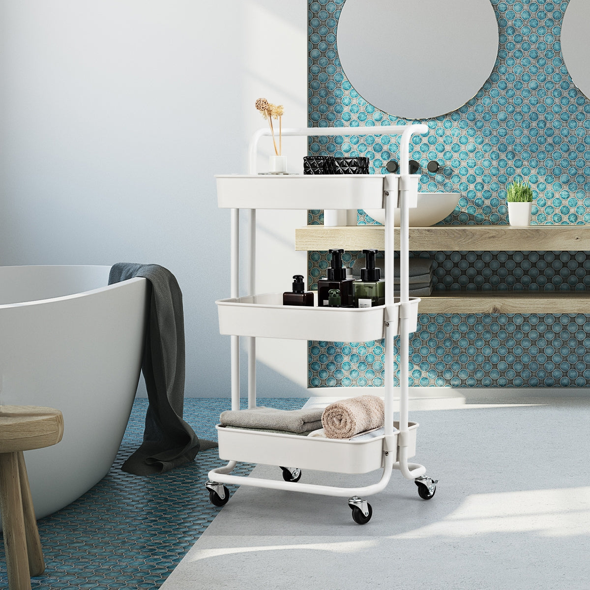 Carrito Auxiliar de Almacenamiento con 4 Ruedas Universales Carga 60kg Carro de Cocina 3 Cestas de ABS Antioxidante 42 x 35 x 87 cm Blanco
