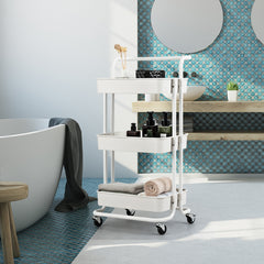 Carrito Auxiliar de Almacenamiento con 4 Ruedas Universales Carga 60kg Carro de Cocina 3 Cestas de ABS Antioxidante 42 x 35 x 87 cm Blanco
