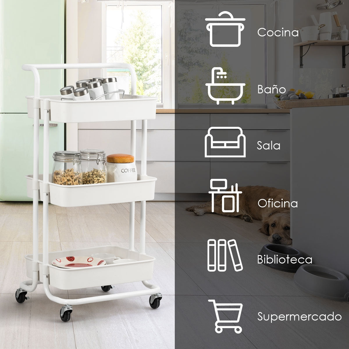 Carrito Auxiliar de Almacenamiento con 4 Ruedas Universales Carga 60kg Carro de Cocina 3 Cestas de ABS Antioxidante 42 x 35 x 87 cm Blanco