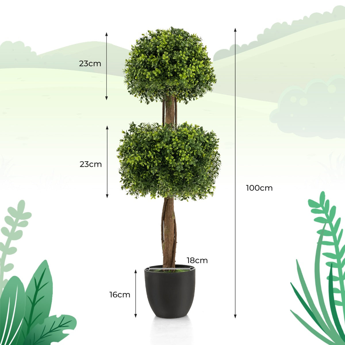 100 cm Árbol Artificial de Boj con Maceta Plantas Falsas Resistentes a los Rayos UV Decoración Interior y Exterior de Hogar y Jardín