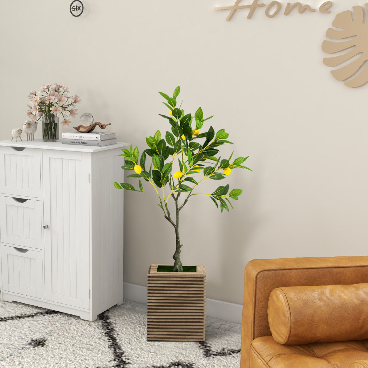 Limonero Artificial de 80 cm Planta de Limón Falsa con Frutas Maceta de Cemento Decoración para Interior Hogar Salón Oficina