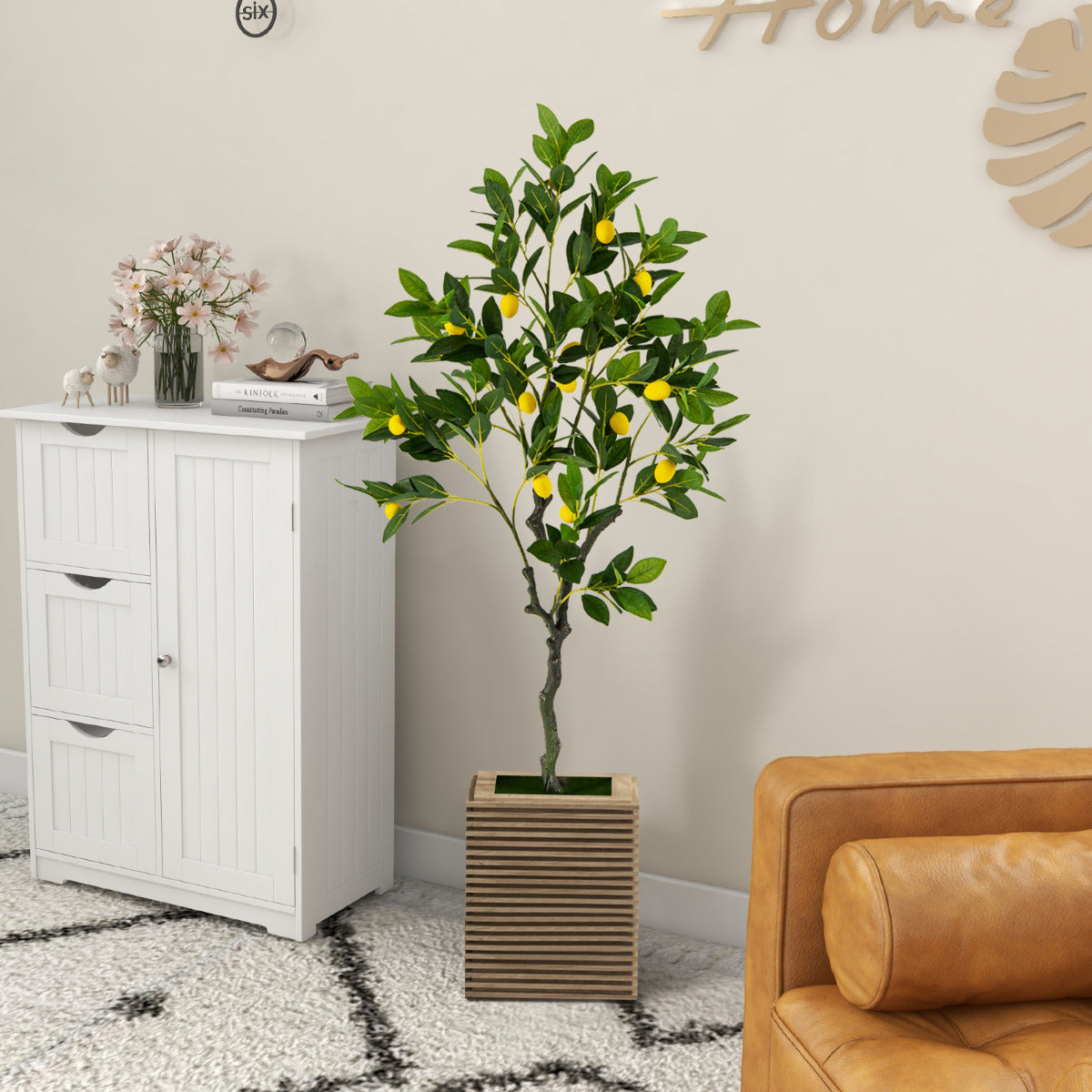 Limonero Artificial de 120 cm Planta de Limón Falsa con Frutas Maceta de Cemento Decoración para Interior Hogar Salón Oficina