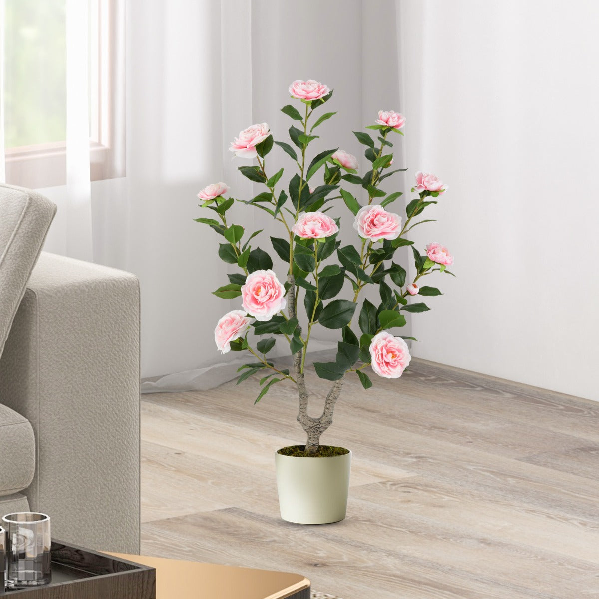 Árbol Artificial de Camelia 90 cm Planta Floral en Maceta de Vivero Decoración para Hogar Salón-Rosa