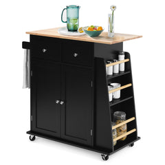 Isla de Cocina con Ruedas Almacenamiento Carro para Comedor Encimera de Madera Caucho 2 Cajones Especiero 88 cm x 45 cm x 89,5 cm Negro