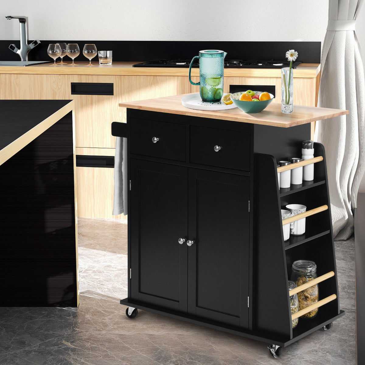Isla de Cocina con Ruedas Almacenamiento Carro para Comedor Encimera de Madera Caucho 2 Cajones Especiero 88 cm x 45 cm x 89,5 cm Negro