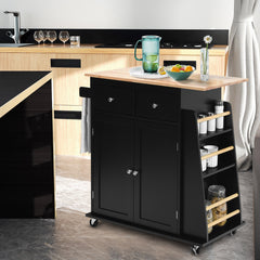 Isla de Cocina con Ruedas Almacenamiento Carro para Comedor Encimera de Madera Caucho 2 Cajones Especiero 88 cm x 45 cm x 89,5 cm Negro