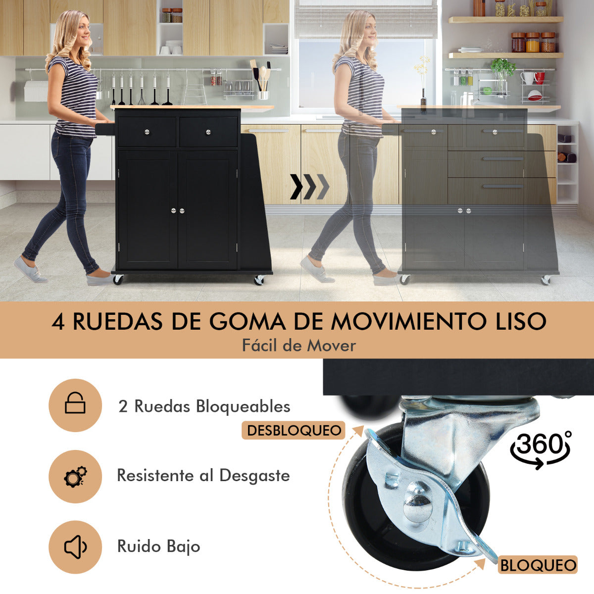 Isla de Cocina con Ruedas Almacenamiento Carro para Comedor Encimera de Madera Caucho 2 Cajones Especiero 88 cm x 45 cm x 89,5 cm Negro