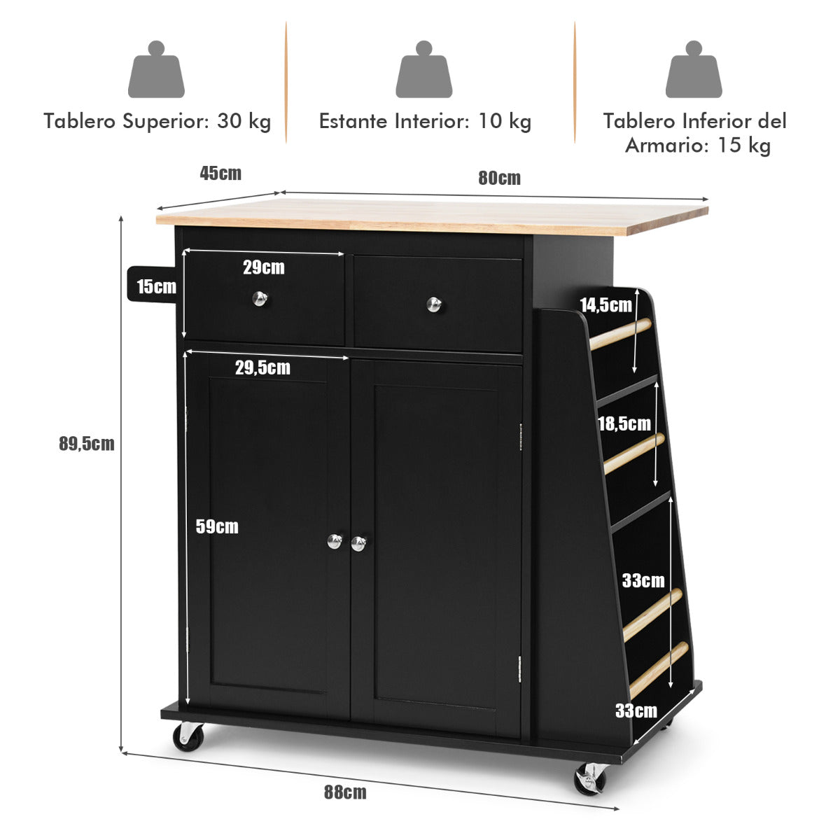 Isla de Cocina con Ruedas Almacenamiento Carro para Comedor Encimera de Madera Caucho 2 Cajones Especiero 88 cm x 45 cm x 89,5 cm Negro