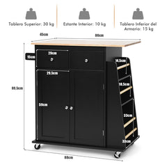 Isla de Cocina con Ruedas Almacenamiento Carro para Comedor Encimera de Madera Caucho 2 Cajones Especiero 88 cm x 45 cm x 89,5 cm Negro